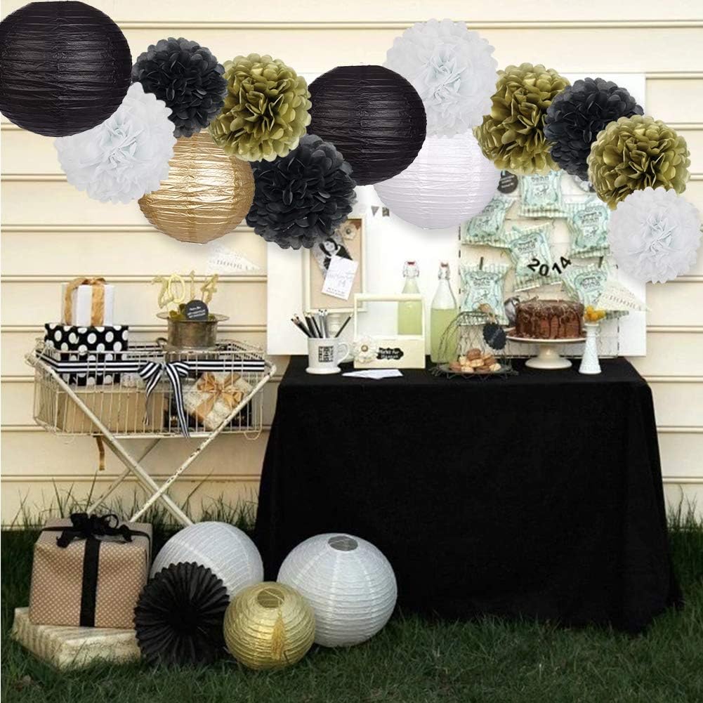Black Gold Party Decorations, Black Gold Paper Lanterns and Pom Poms Flowers for Birthday Graduation Masquerade New Years Party Decor 15 Pieces - Image 6