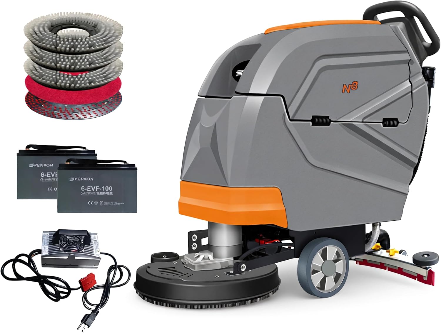 N3 20" Walk-Behined Floor Scrubber – Complete Kit with Brushes, Rubber Lips Sets and 18" Red Pad (All Replaceable). Ideal for Epoxy and Greasy/Oily Floors,190 RPM