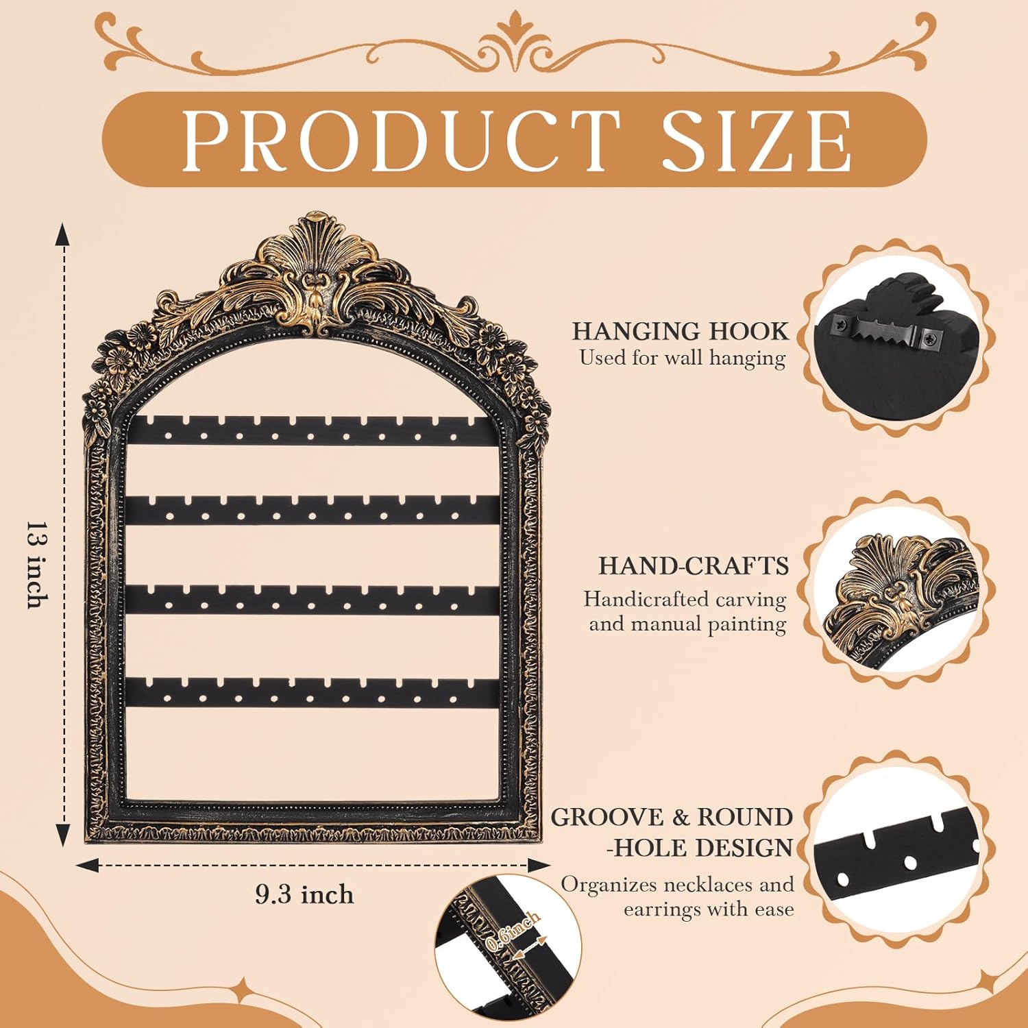 1 Pcs 13 x 9.3'' Wall Hanging Earring Holder Organizers Vintage Black Arched Frame 4 Layer Wall Mounted Jewelry Holder Decorative Retro Baroque Stud Earring Display