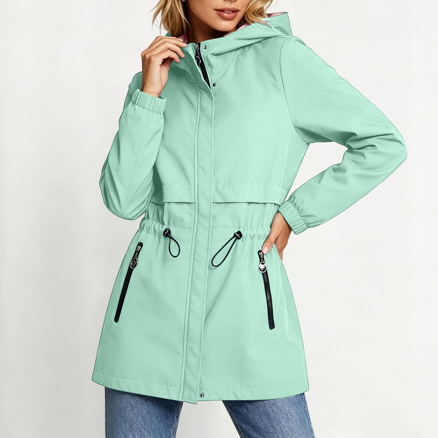 Trench Coat for Women Hooded Zip Up Windbreaker Contrast Lining | Women's Mid Length Rain Jacket with Zippered Pocket, Snap Placket, Long Sleeve for Fall Spring Travel Outdoor