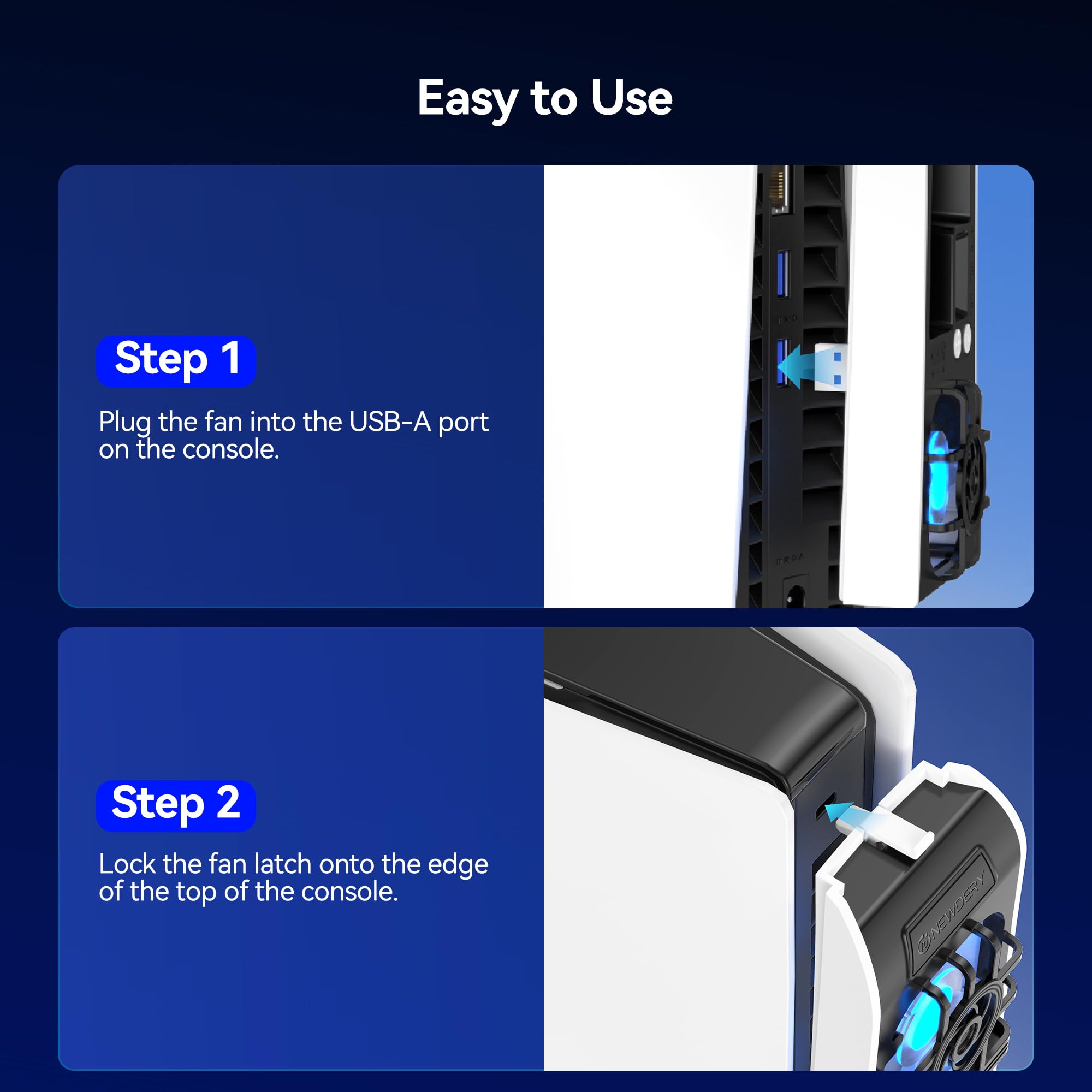 NEWDERY Ventola di raffreddamento per console PS5 Slim, ventola di raffreddamento silenziosa aggiornata, velocità regolabile in temperatura automatica, luce RGB dinamica, porta USB 3.0