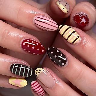 RIICFDD Polka Dot Press on Nails Cute French Stripe Pink Star Fake Nails | 24 Pcs Acrylic False Nails with Gloss Finish,Self-Adhesive Reusable for Parties,for Women Girls Manicure DIY Decor