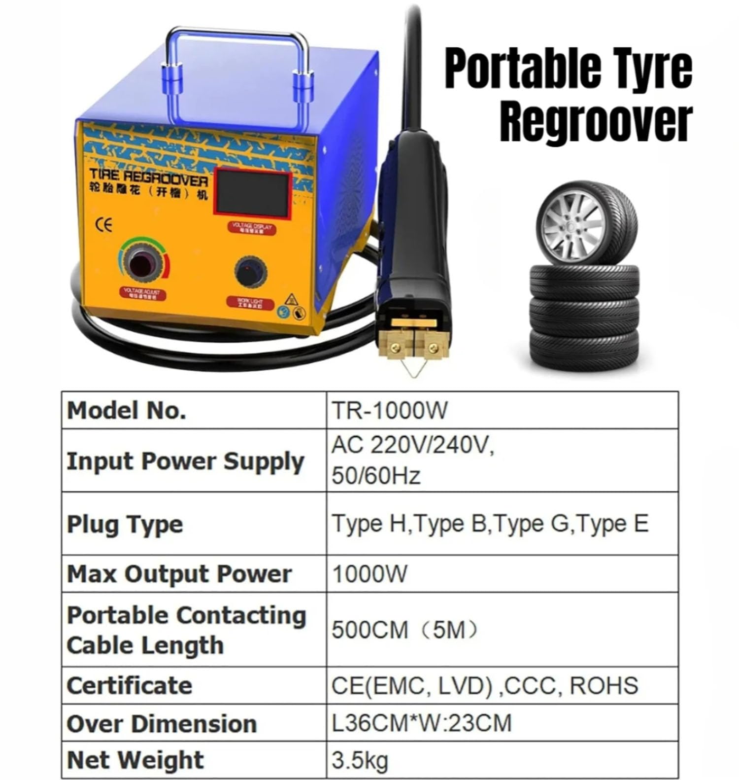 Reifen-Nachschneidemaschine,1000 W Tragbares Lkw-Reifen-Regroover,Elektrische Reifennutmaschine,Reifenrillenwerkzeug, Motorrad Kart Atv Industriereifen, U-FöRmige V-FöRmige Gravur