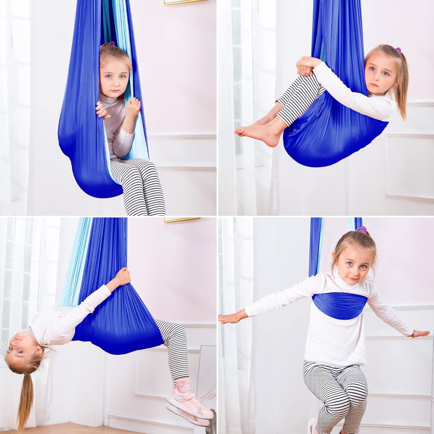 Therapy Swing Hammock Kids Cuddle Sensory Swing Indoor Therapeutic Hammock 360° Rotating Double Layer Elastic Rocking Cloth Swing Gifts for Children with ADHD SPD Asperger Autism (Blue+Sky Blue)