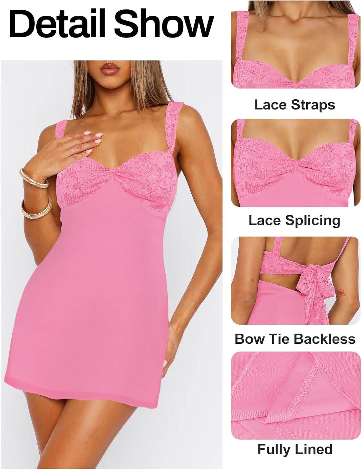 Women's Summer Mini Dresses Sleeveless Sexy Square Neck Lace Splicing Cocktail Party Straps Bodycon Dress - Image 3