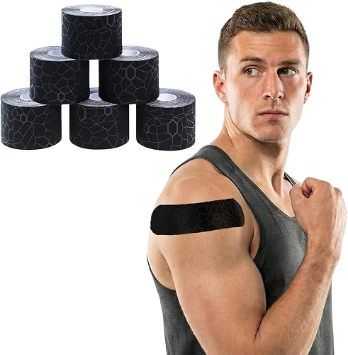 TheraBand Kinesiology Tape, Waterproof Physio Tape for Pain Relief, Muscle & Joint Support, Standard Roll with XactStretch Application Indicators, 2" X 16.4" Roll, 6 Pack, Black/Black