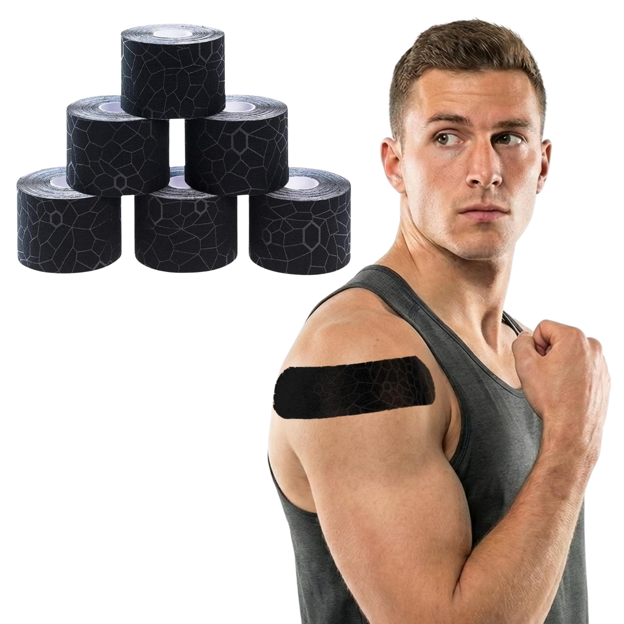 TheraBand Cinta de kinesiología, cinta impermeable para aliviar el dolor, soporte muscular y articular, rollo estándar con indicadores de aplicación XactStretch (rollo de 5 x 41,6 cm), 6 unidades, negro y negro