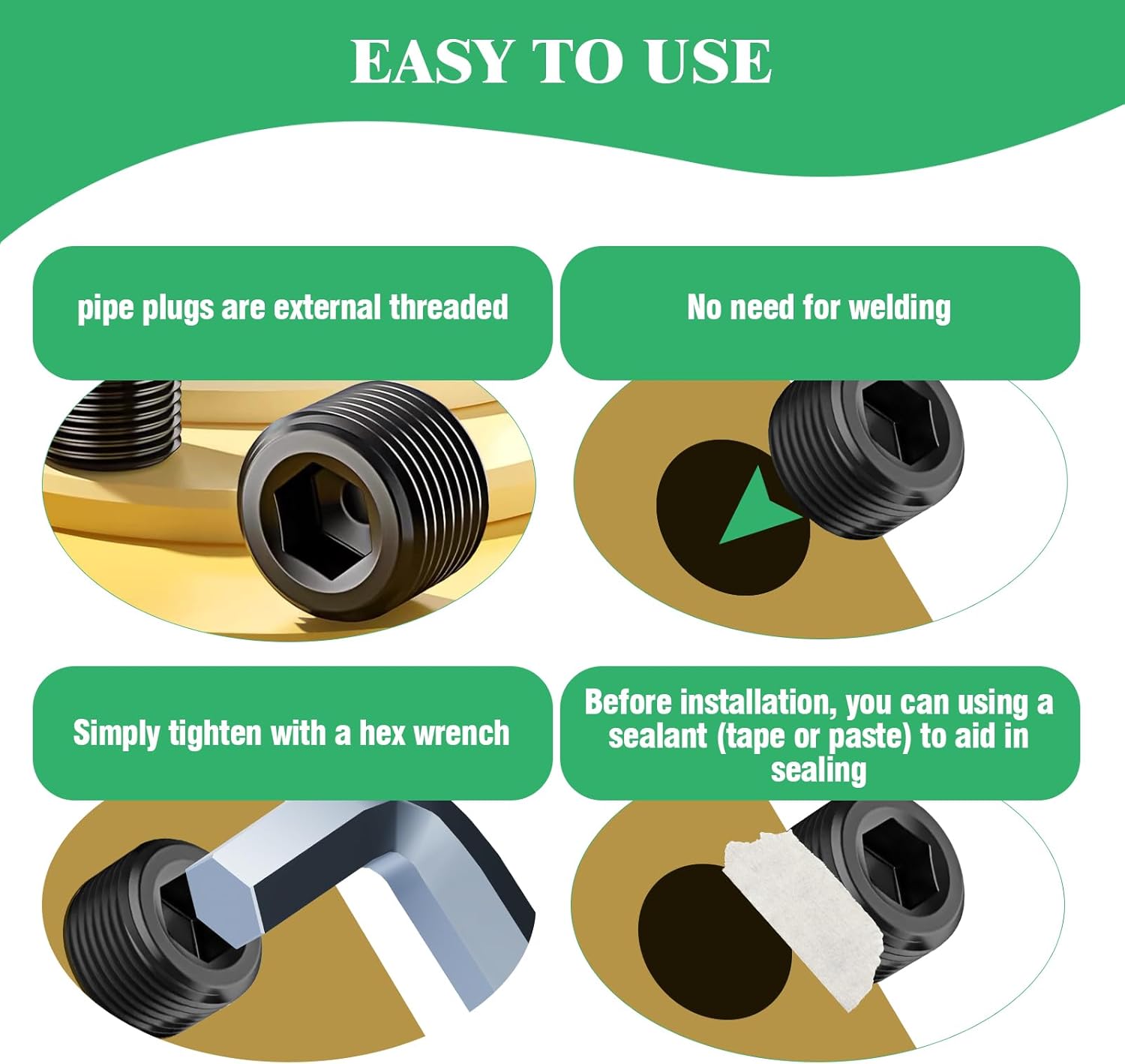 30 Pcs Carbon Steel NPT Plug Set Pipe Plug Assortment Kit 1/8" 1/4" 3/8" 1/2" 3/4" Internal Hex Thread Socket Pipe Fitting for Water Hose