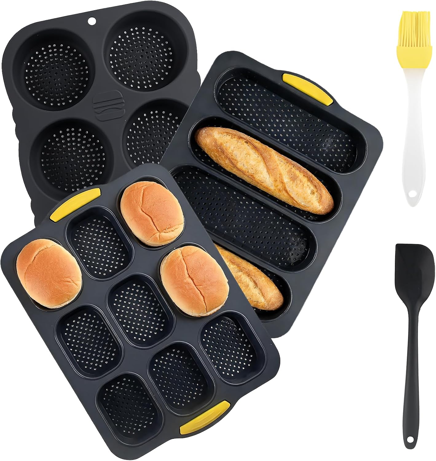 Set of 5 Silicone Hamburger Bun Mold 4 6 9 Cup Hamburger Bun Pan with Spatula Brush Nonstick Bun Pans for Baking Homemade Bread Loaf Sandwich Baking Tray, Fridge Dishwasher Microwave Safe