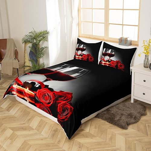 Miniatura 4 de Erosebridal Funda de edredón floral rosa Queen para mujeres, niñas, parejas, juego de ropa de cama de copa de vino rojo rosa 3D, funda de edredón