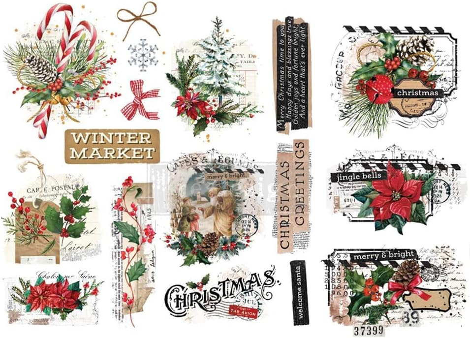 Redesign with Prima Prima Redesign Xmas Tag 6inch X 12inch Transfer red, green, tan, black