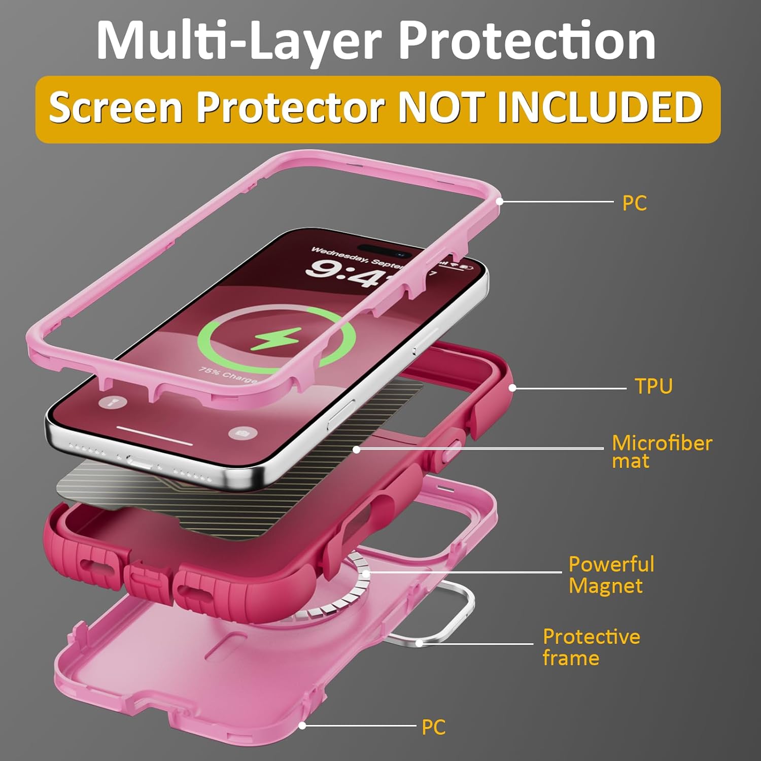 Follaroma for iPhone 17 Pro Max Case with Stand, Built-in Camera Cover, Compatible with MagSafe, Heavy Duty Shockproof Protection Phone Case, Anti-Drop, Magnetic Dual Layer Protective Cover, 6.9",Pink