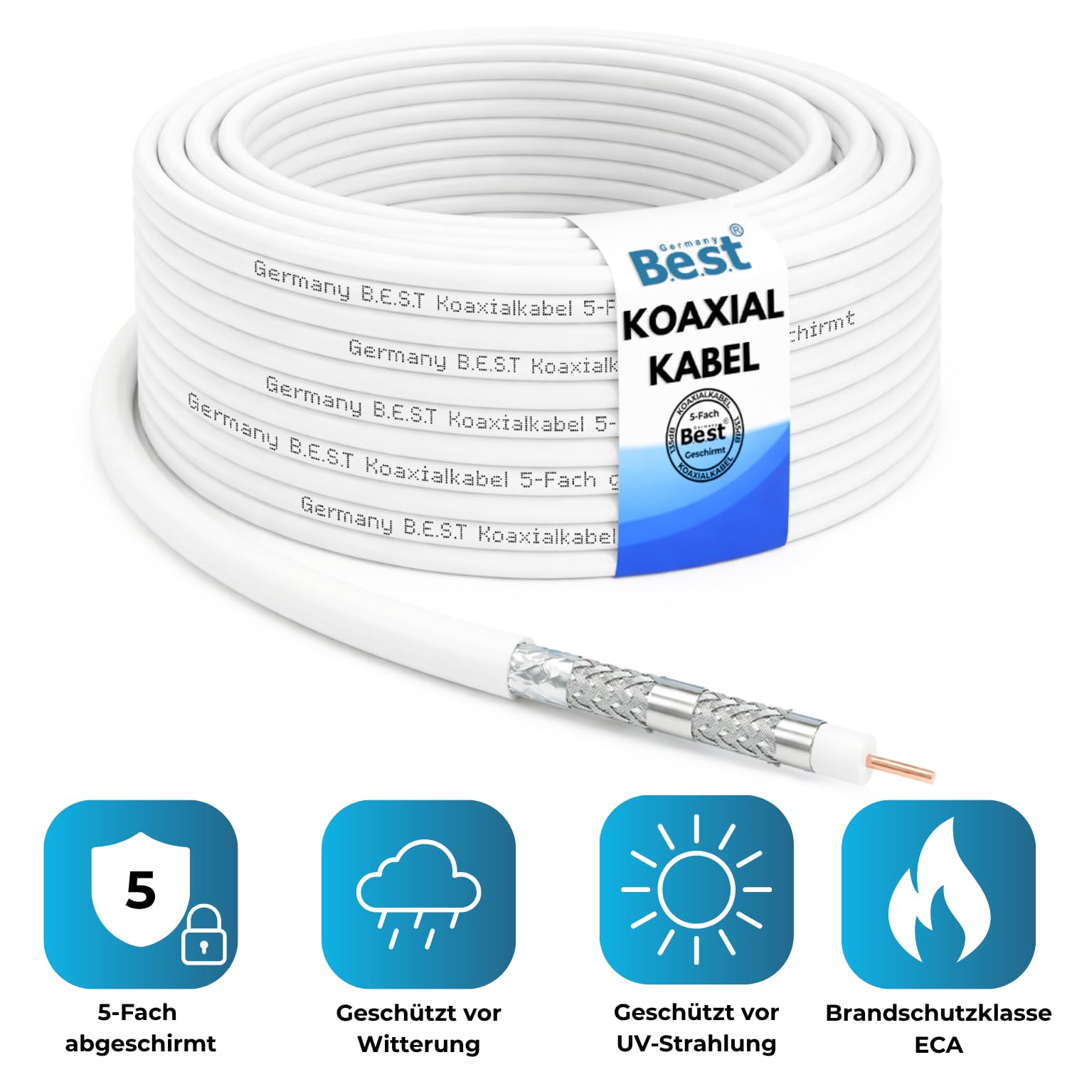 Germany B.e.s.t Cavo coassiale da 50 m | 4K Ultra HD | Classe A+ | Impianti DVB-S/S2 DVB-C DVB-T BK | 5 schermati | 135 dB | Cavo antenna | Cavo coassiale | 10 connettori F