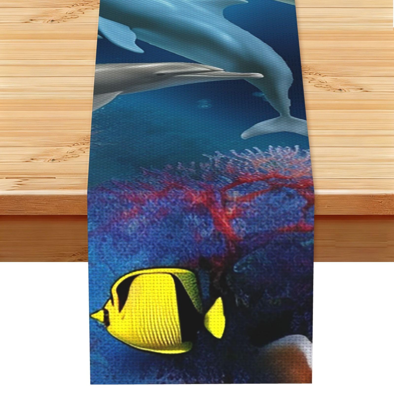 Underwater Dolphins Coral Fish Table Runner 13x72 Inch Cotton Linen Table Linen Washable Farmhouse Tablecloth Modern Abstract Art Kitchen Dinning Table Decoration for Home Party Decor