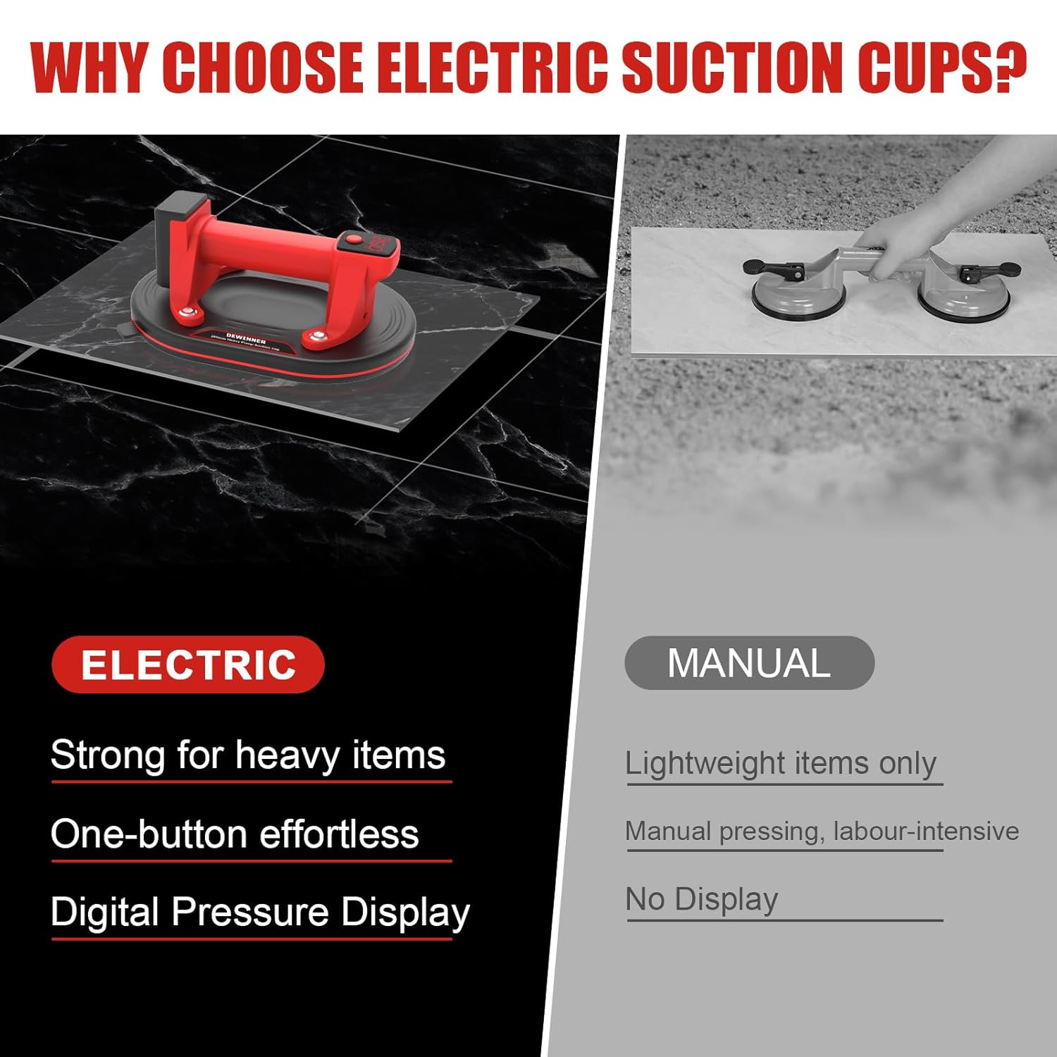 DEWINNER 10" Electric Glass Suction Cup Lifter, 200KG/440 LBS Max Load Vacuum Glass Lifter with 2X 3000mAh Battery, Industrial Strength Vacuum Suction Cup for Glass, Tile, Granite, Metal