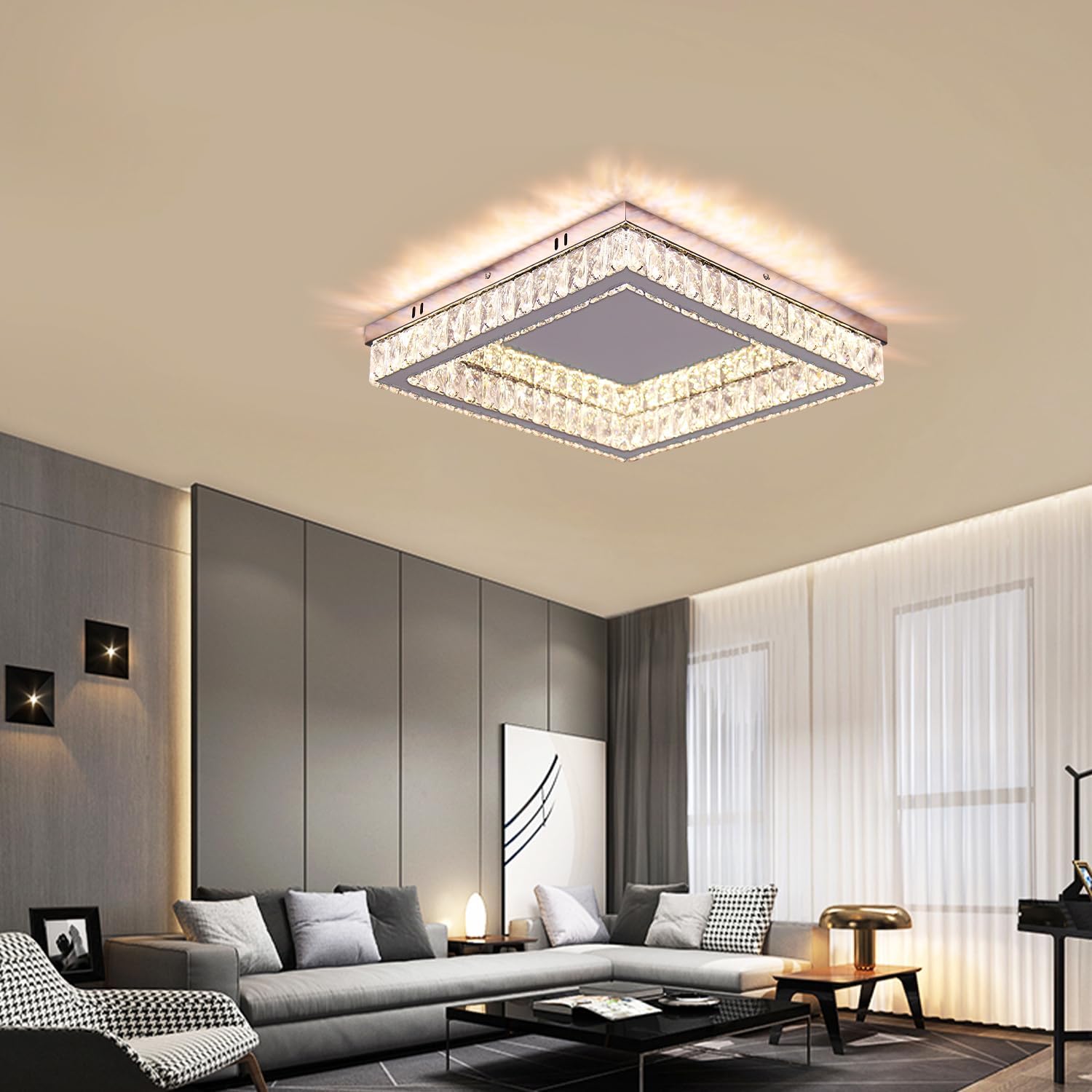 Finktonglan Plafón LED de cristal K9 cuadrado 45×45 cm, 2×28 W regulable 3000–6500 K con mando/APP, semiempotrado de perfil bajo en acero inoxidable para salón, dormitorio y comedor