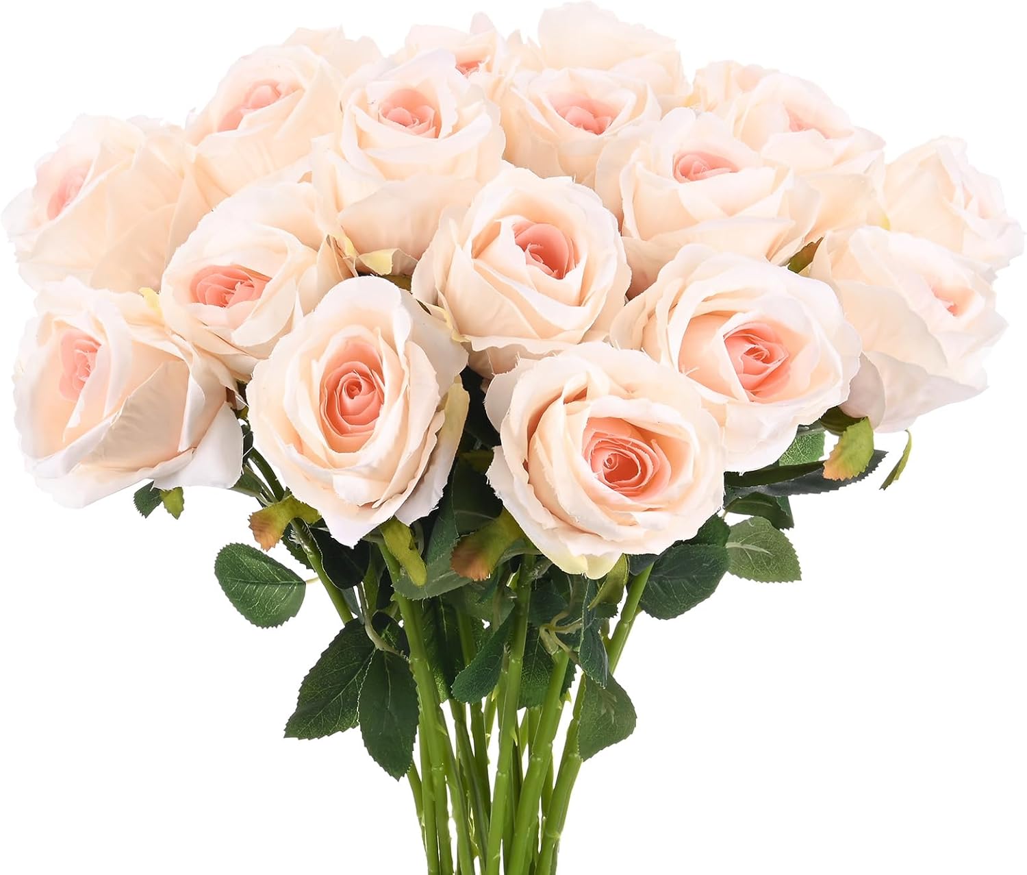 M METERXITY 20-Pack Rose Artificial Flowers with Long Stem, Silk Faux Roses Plastic Bouquets Real Touch Faux Flowers for Home Decor/Wedding/Christmas/DIY/Party/Garden Office [Champagne Pink]