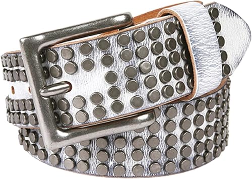 Rivet in Circular Arrangement Studded Belt Punk Rock Genuine Leather Belts for Women/Men Jeans Pants Accessories110cm/waist36"38", White