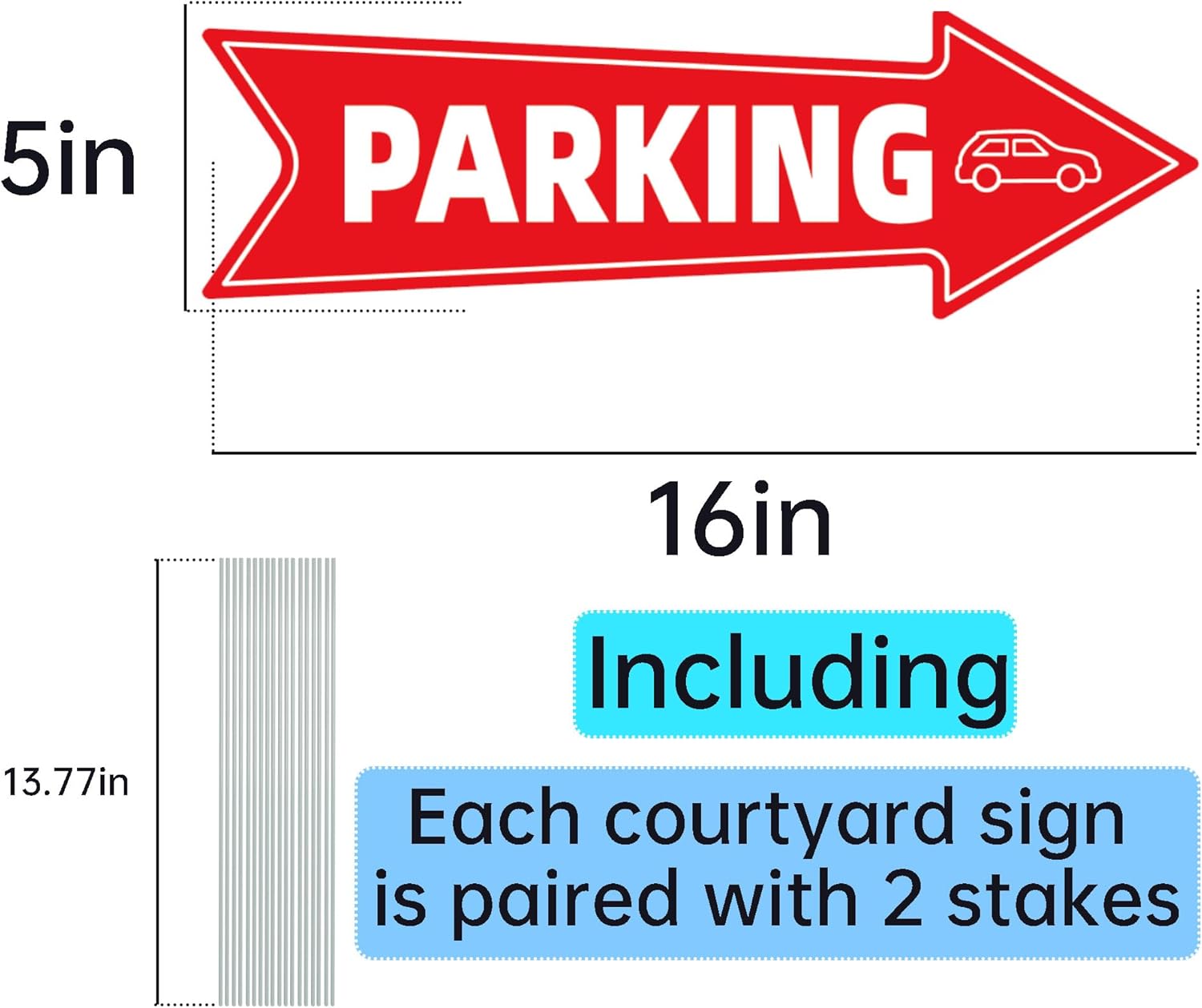 16 X 5 Inch Directional Parking Signs with Arrows - Durable Corrugated Plastic Event Parking Yard Signs, Red & White, Left & Right Arrow, with Stakes (20)