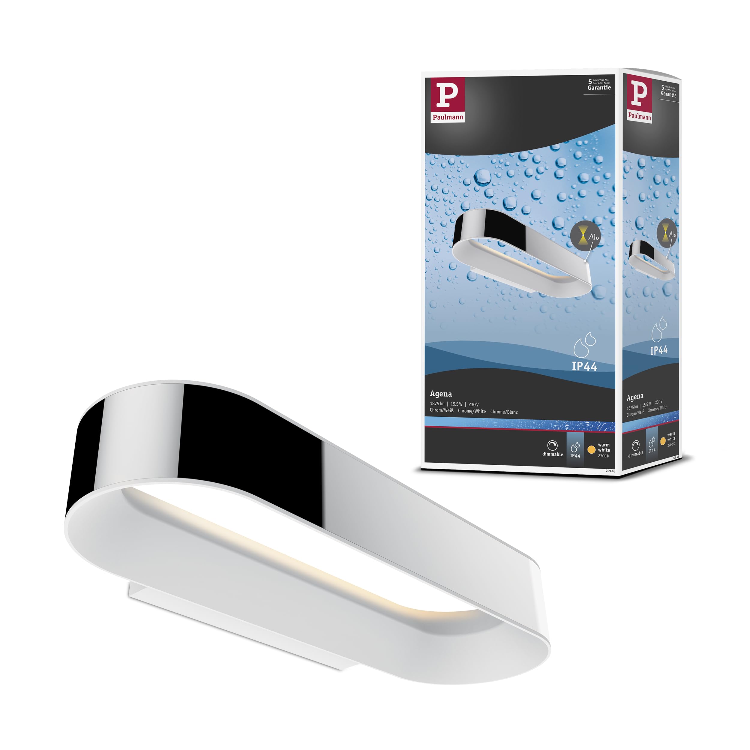 Paulmann 709.48 Deckenleuchte Agena IP44 LED dimmbar 1x20W Chrom/Weiß matt 230V Alu/Edelstahl
