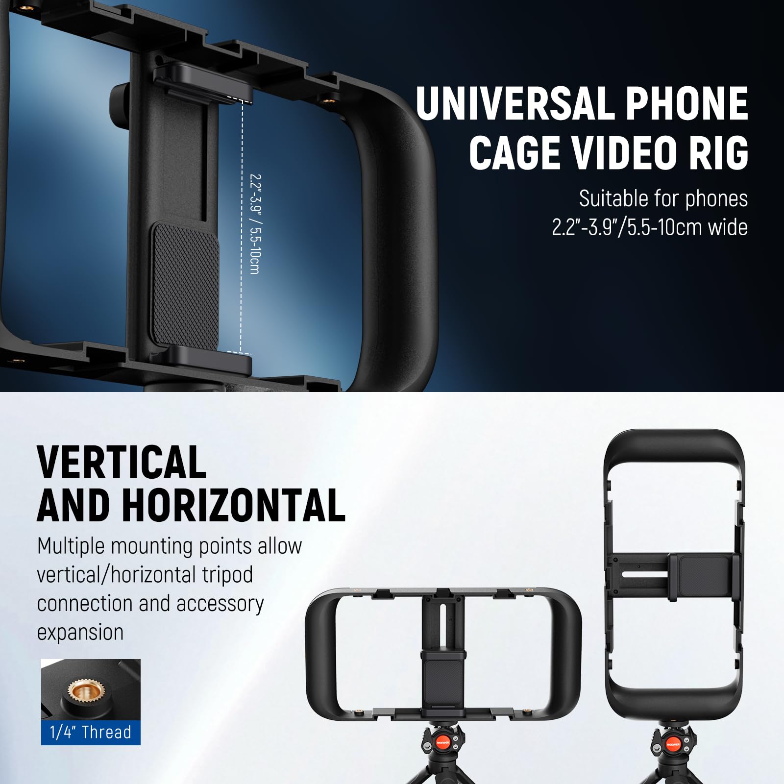 NEEWER Improved Phone Cage Rig Vlogging Set, Video Stabiliser With Double Handle, Wireless Mic Clip Slot For Tiktok/YouTube, Compatible With SmallRig IPhone 16 15 14 Pro Max Galaxy S23 PA009