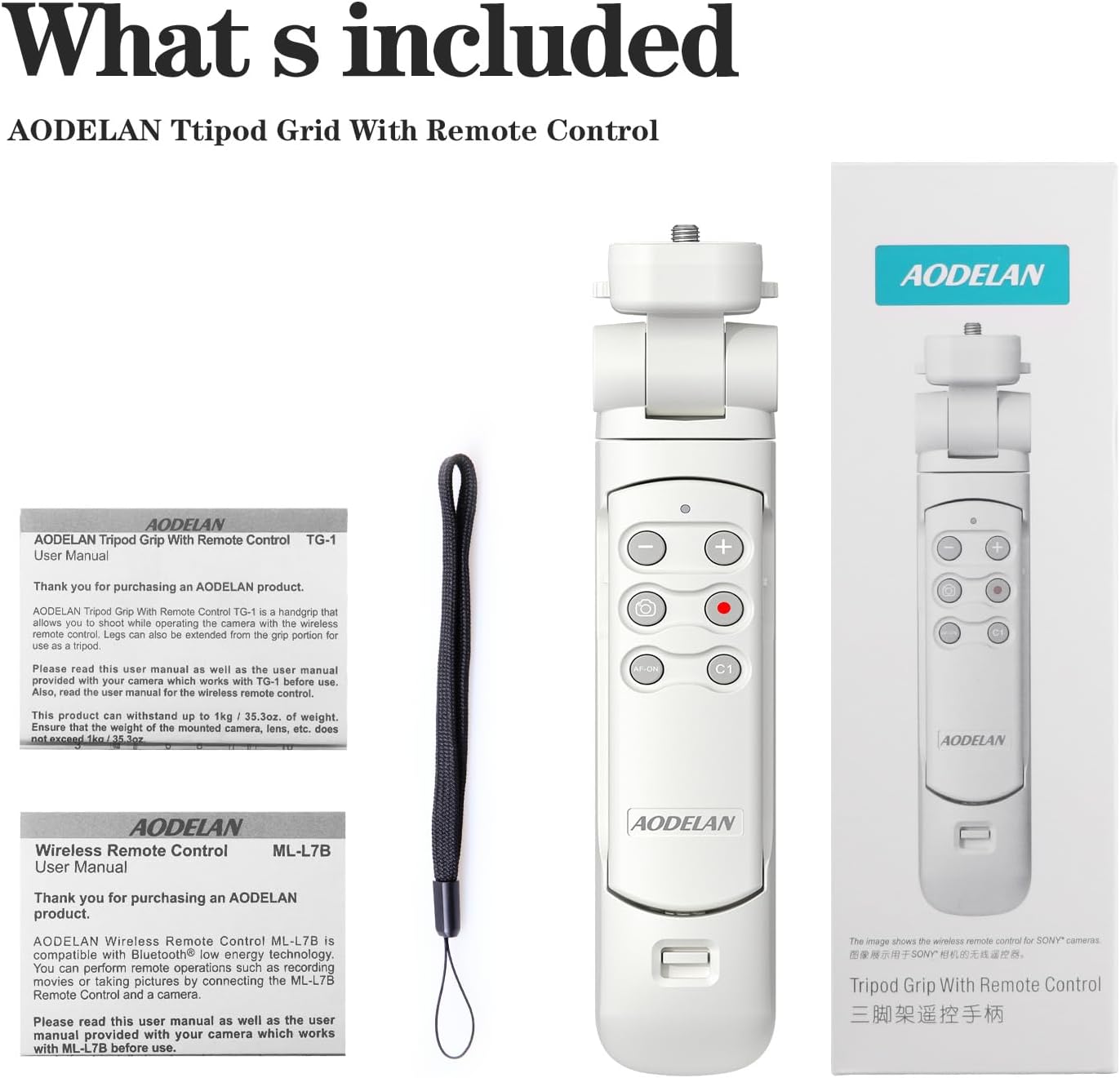 Contents of the AODELAN Shooting Grip package, including the grip, remote, and user manuals.