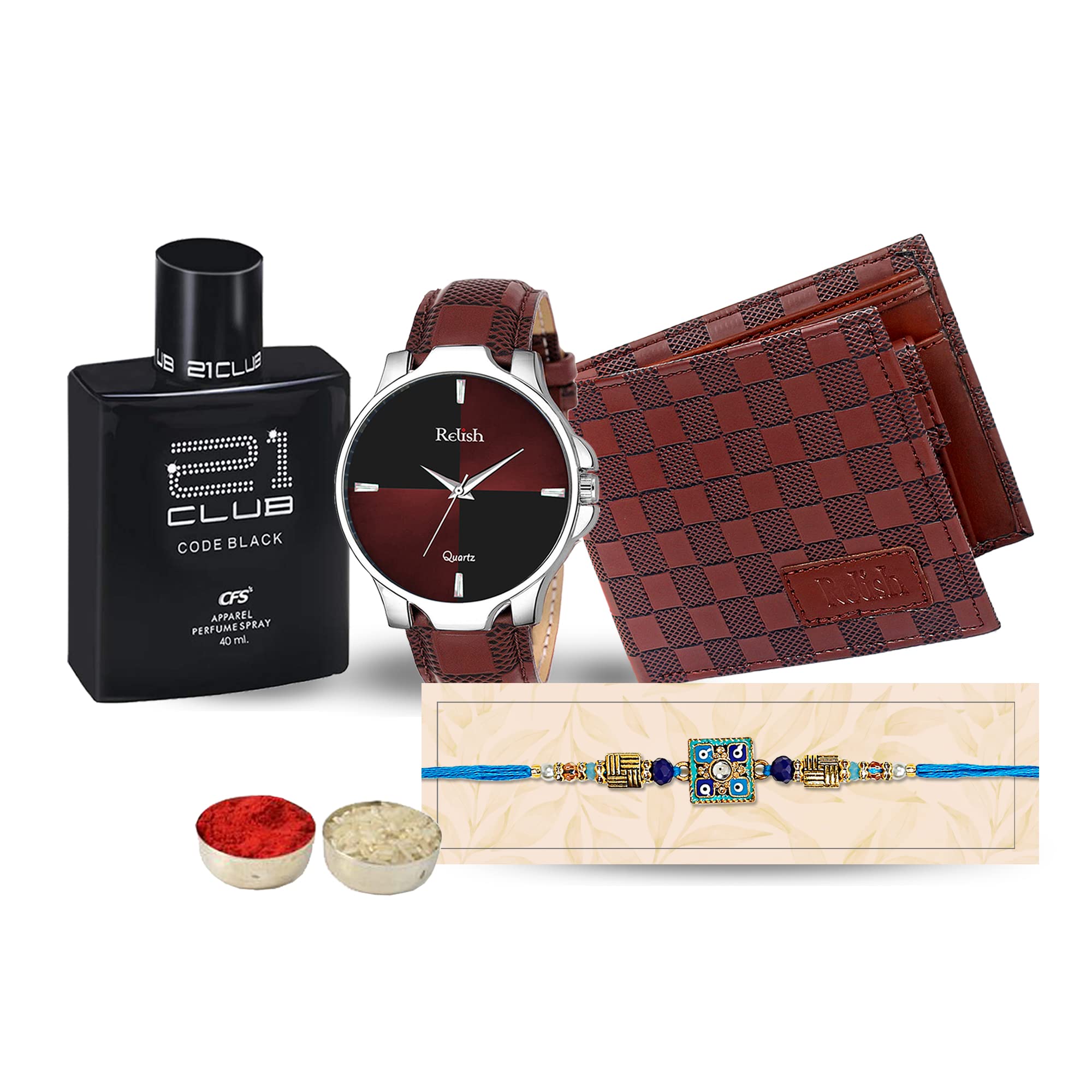 Relish Gift Pack | Analog Brown Watch, Texture Wallet, Long Lasting CFS 21 Club Perfume | Rakhi, Roli, Chawal, Wishing Card | Gifting Combo for Brother (B0C5MHCQTC) Amazon Price History, Amazon Price Tracker