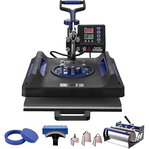 VEVOR Pro 15x15 Heat Press with 30 OZ Tumbler Attachment, 8in1 Combo Tumbler Hat Heat Press for T-Shirts, Tumblers Glass Cans Mugs Hats Caps, and Plates (Black & Blue)