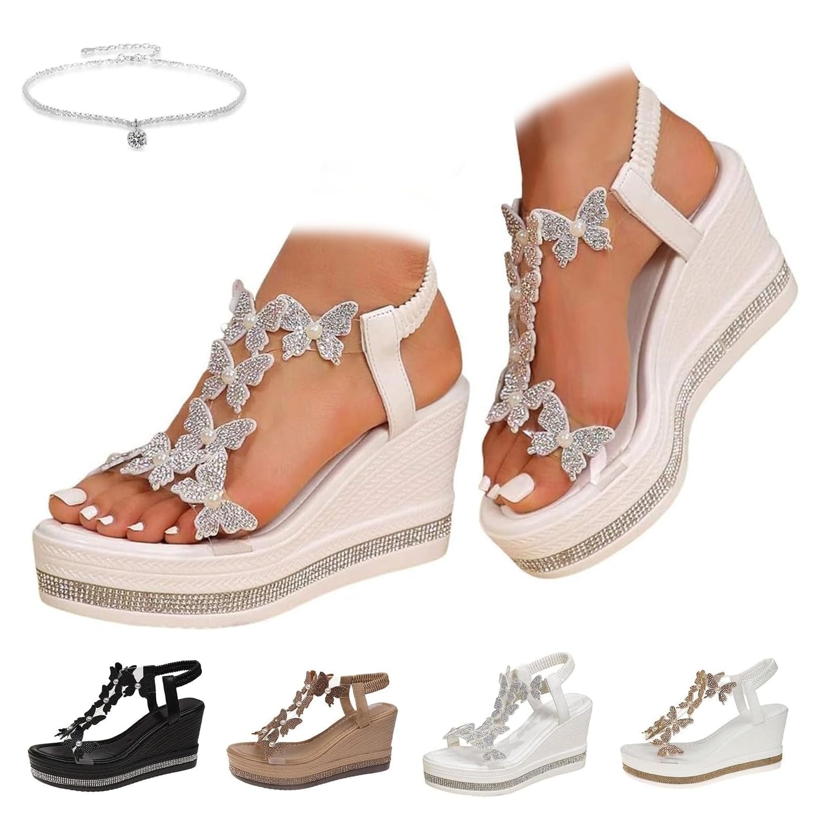 Sandalias de mariposa para mujer 2026, tacones de cuña con puntera abierta y plataforma de diamantes de imitación, suela gruesa, correa elástica transparente, sandalias bohemias de punta abierta para