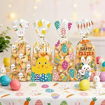 YUNNINGMENG 100 x Easter cookie bags 100 cellophane bags Easter with 110 gold ribbons 4 Easter motifs transparent baking bags for biscuits sweets chocolate nuts
