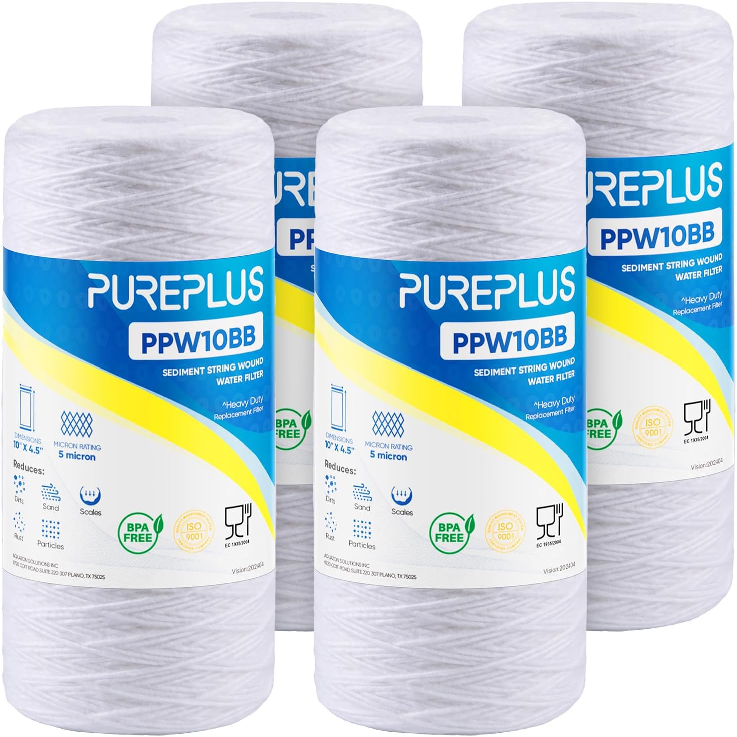 PUREPLUS 5 Micron 10 x 4.5 Whole House String Wound Sediment Filter for Well Water, Replacement Cartridge for 84637, WPX5BB97P, PC10, 355214-45, 355215-45, WP10BB97P, WP5BB97P, 4Pack