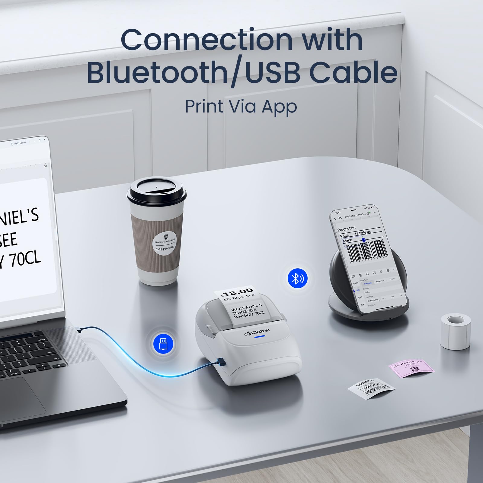 CLABEL Bluetooth Etikettendrucker Selbstklebend: 221B Mini Thermo Etikettiergerät Tragbar Barcode Beschriftungsgerät Selbstklebend Kompatibel mit iOS und Android für Adresse Zuhause Büro Preis Grau