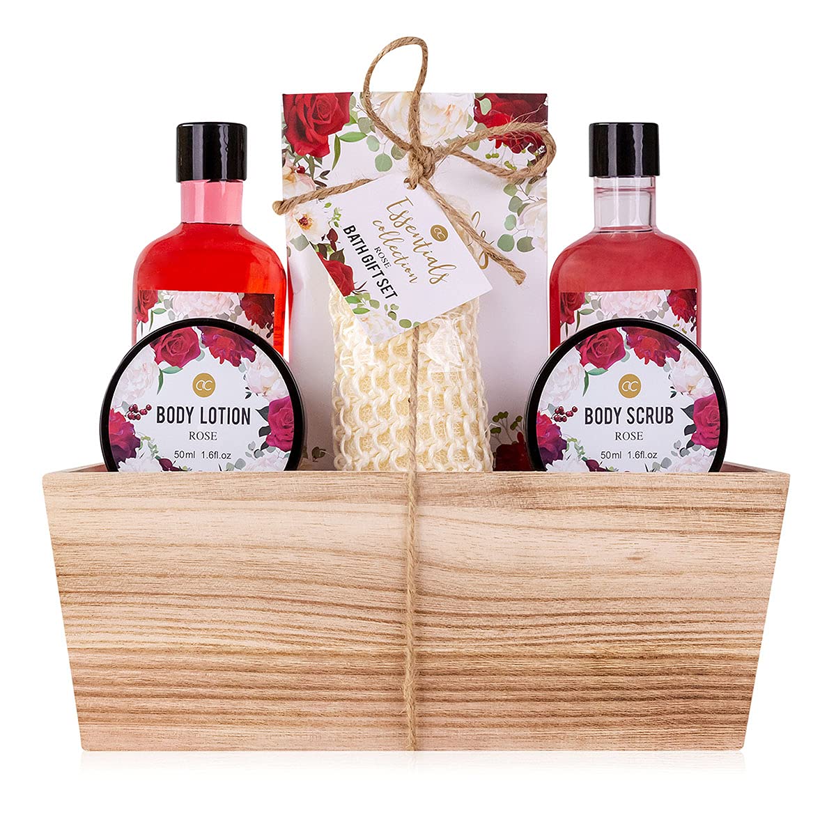 Accentra Rose Gift Set in Wooden Basket Bath, Spa and Shower Set Rose Fragrance - 7 Piece Gift Set in Decorative Wooden Basket Best Gift for Birthday, Valentine's Day