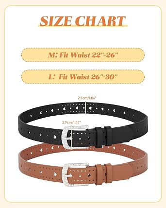 AWAYTR 2 Pcs Girls Leather Belt Rhinestone Buckle Western Heart Kids Belt