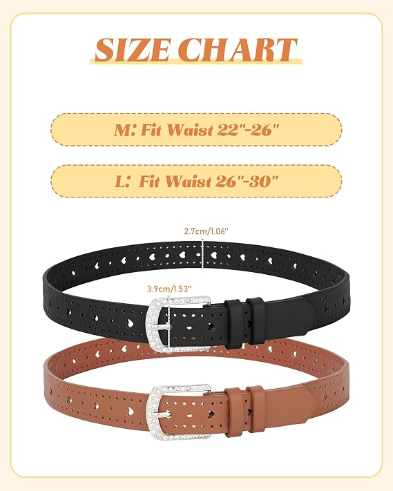AWAYTR 2 Pcs Girls Leather Belt Rhinestone Buckle Western Heart Kids Belt