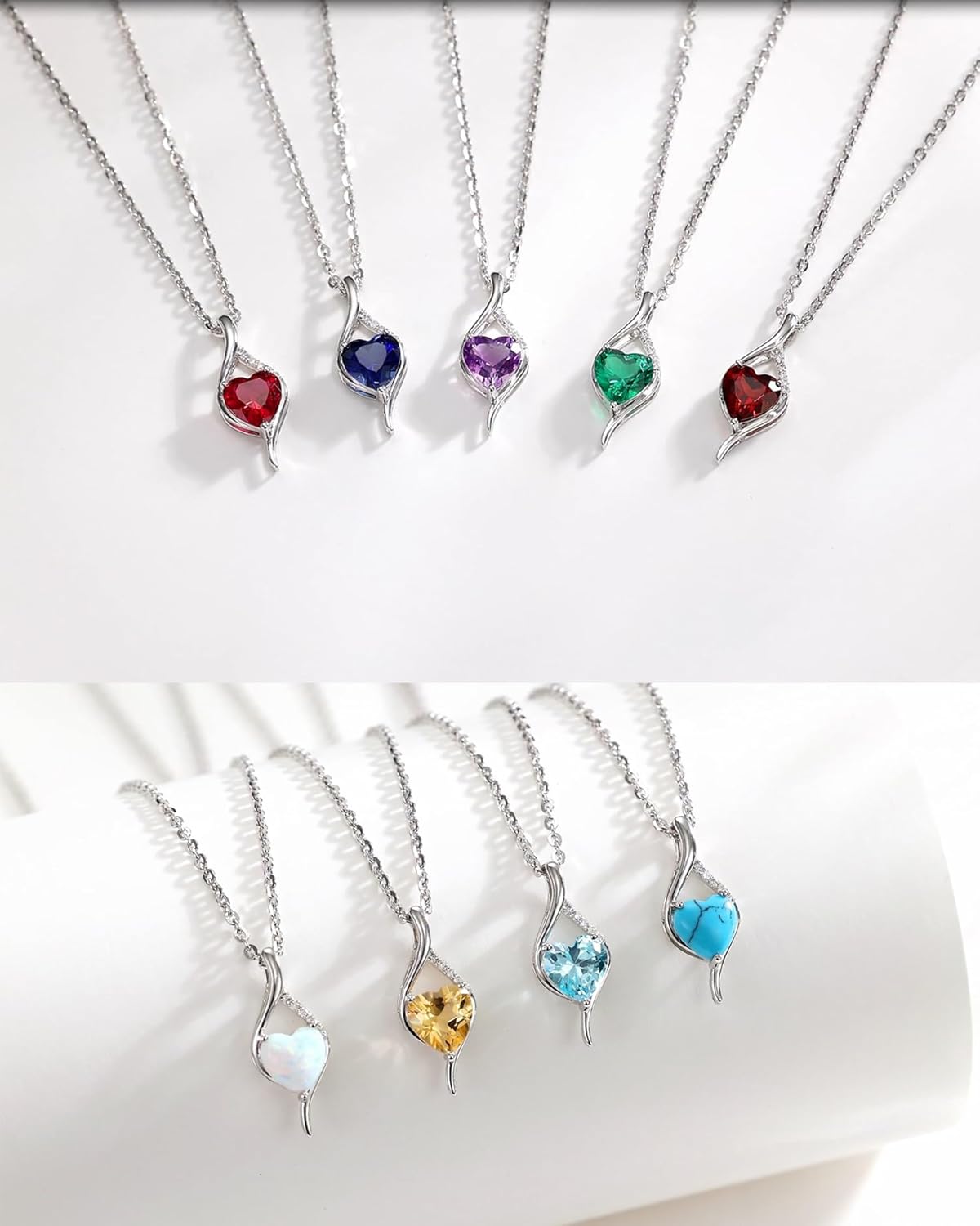 FANCIME 14K Solid White Gold Birthstone Necklace Genuine or Created 6mm Heart Gemstone Pendant with Lab Grow Diamonds Sterling Silver Chain Fine Jewelry Anniversary Birthday Gifts for Women 16" + 2" - Image 3