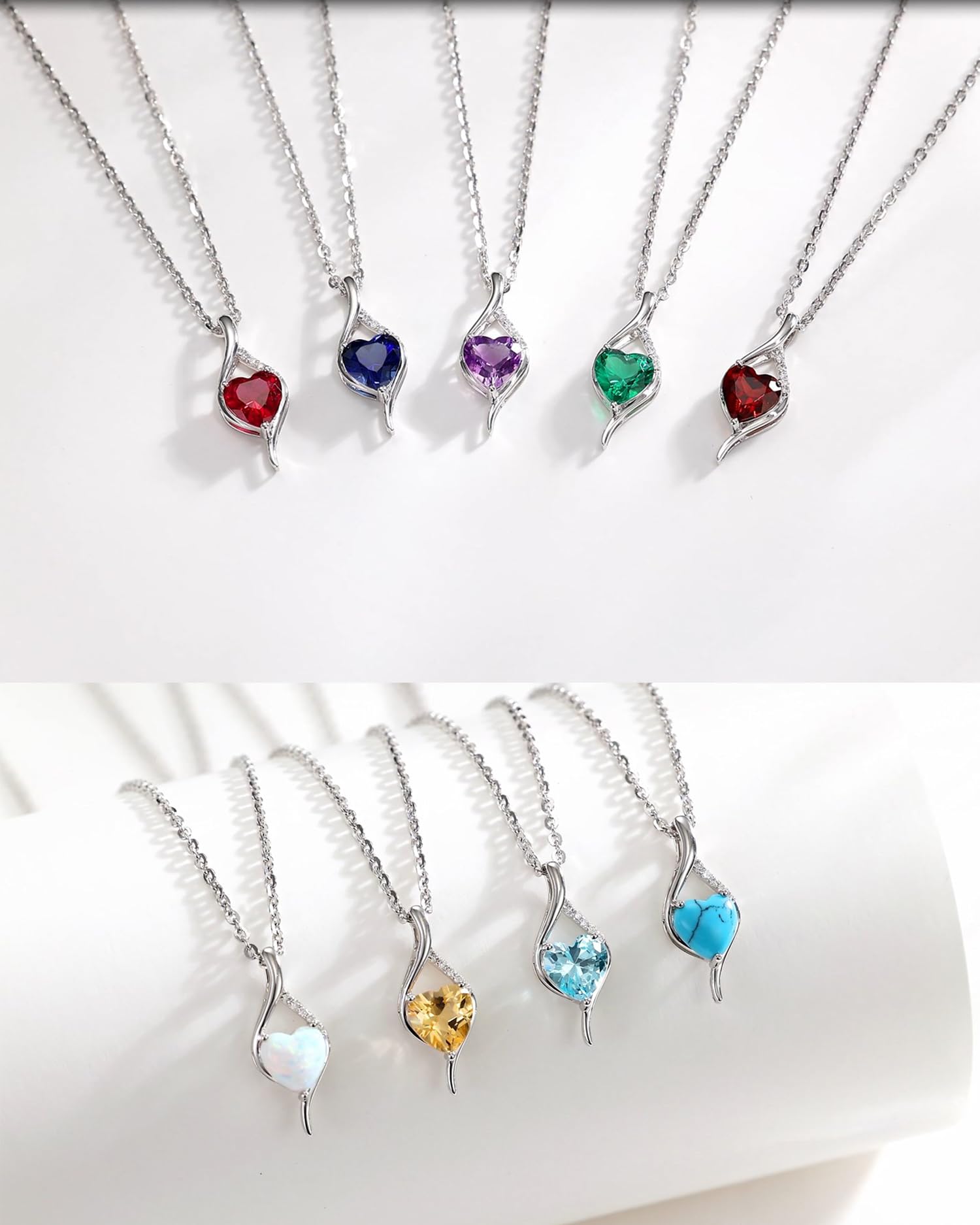 FANCIME 14K Solid White Gold Birthstone Necklace Genuine or Created 6mm Heart Gemstone Pendant with Lab Grow Diamonds Sterling Silver Chain Fine Jewelry Anniversary Birthday Gifts for Women 16" + 2"