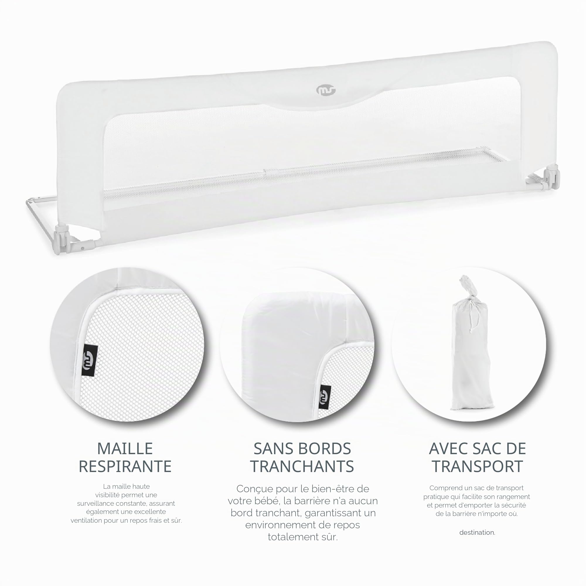 ms Baby World - Barrière de sécurité Portable pour Enfants | barrière de lit de Voyage | Pliable et Portable | Fixation sécurisée | 150 cm | avec sérigraphie (Blanc)
