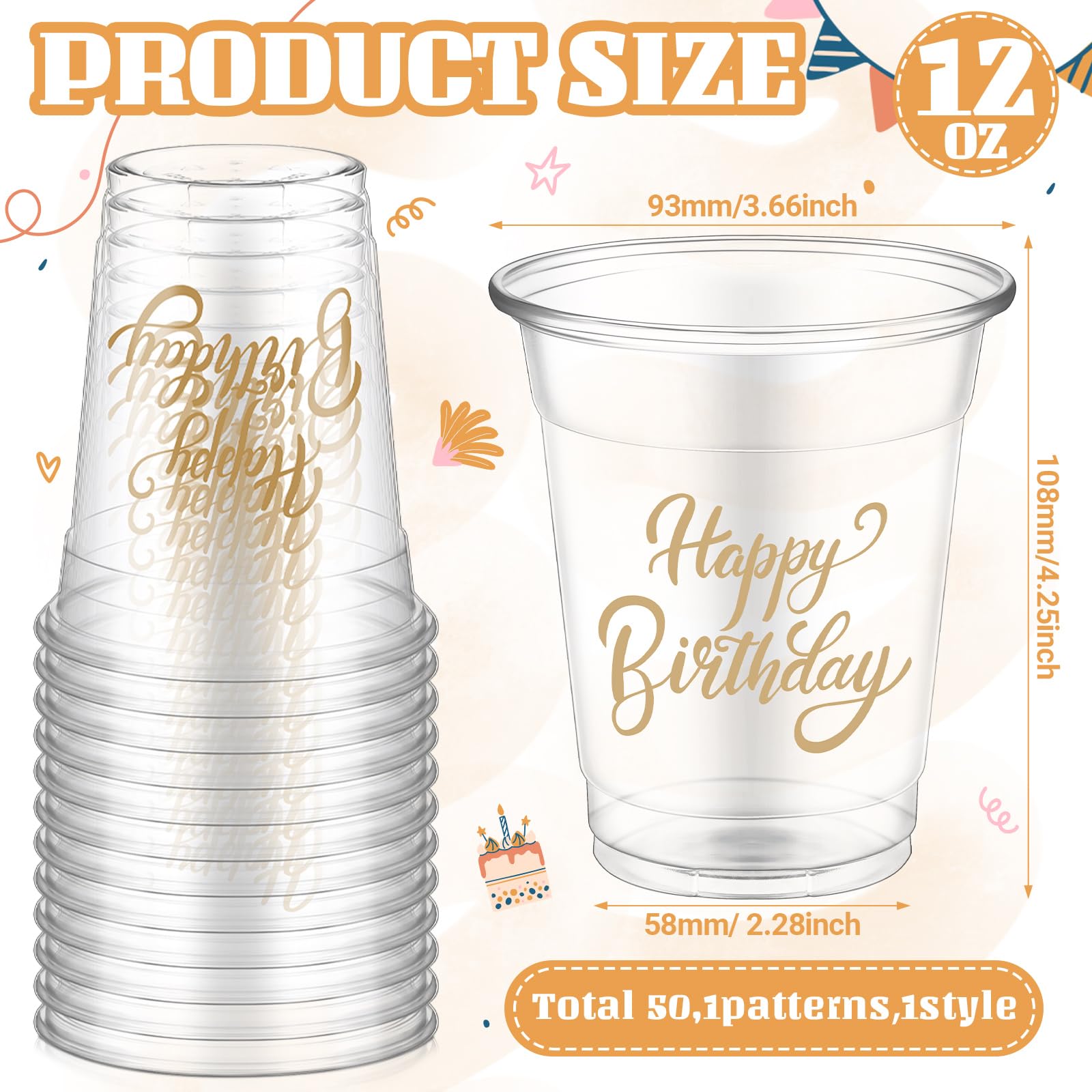 FoldTier 50 Pcs Happy Birthday Cups 12 oz Plastic Birthday Party Glasses Clear Disposable Drinking Cups for Home Kitchen Theme Party Favors Supplies Decoration