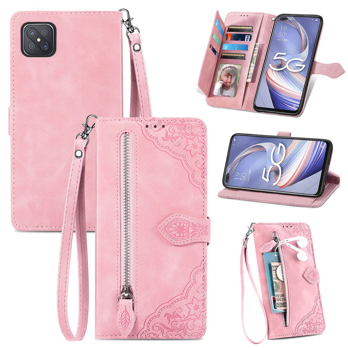 Custodia Portafoglio MOJIA Per Xiaomi Redmi Note 13 5G: Cover In Pelle PU Con Guscio TPU, 7 Slot Carte, Cinturino E Supporto, Colore Rosa - 3