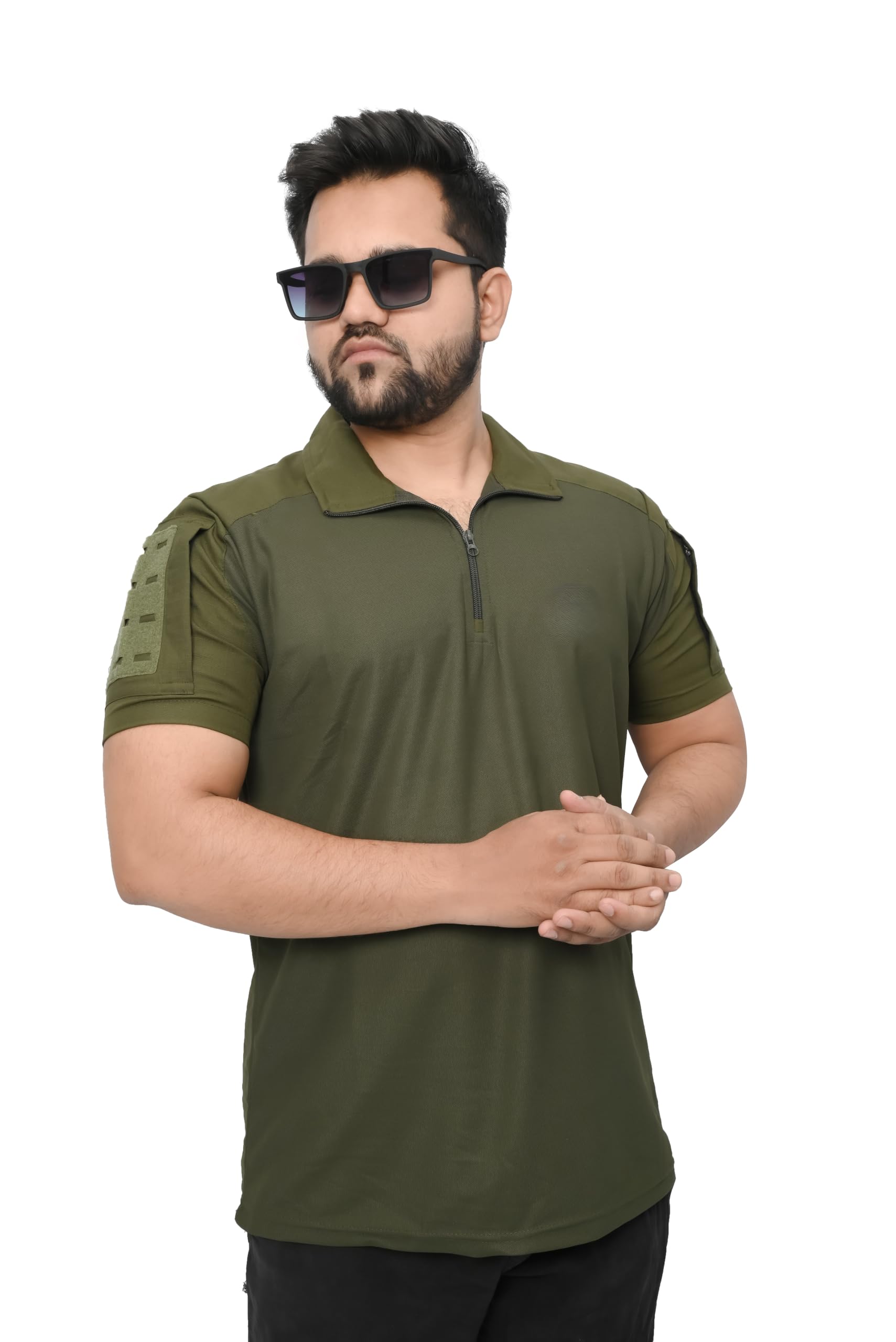Men's Tactical Army Combat Polo T-Shirt | Olive Green Half Sleeve Zip Neck Military Outdoor Sports Tee | Quick Dry Breathable Summer Casual Wear for Men-picture-31