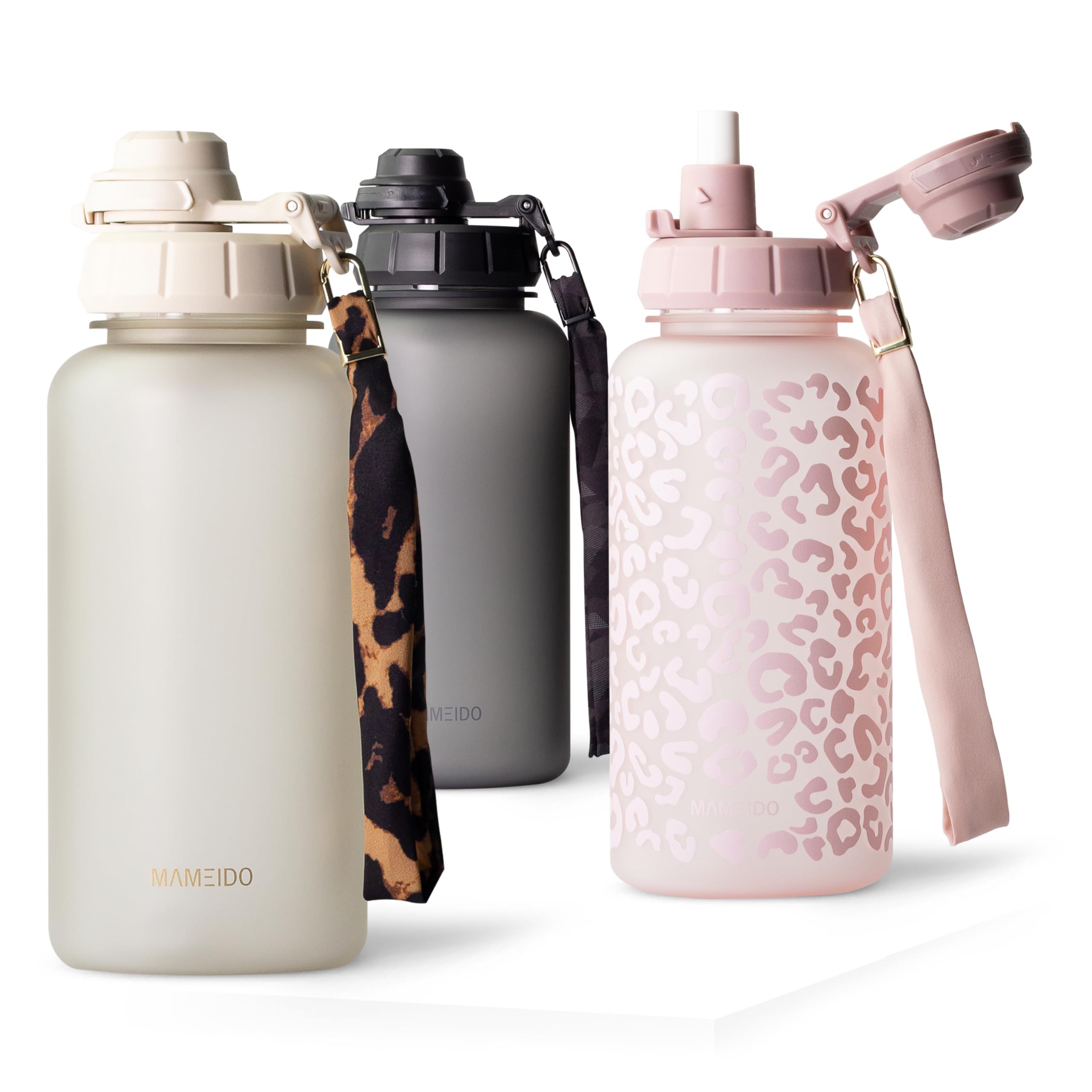 MAMEIDO Water Bottle with Straw & Time Markings 1 l, Leakproof Tritan Sports Water Bottle, Drinks Bottle BPA-free, Gym Water Bottle (Ivory Beige)