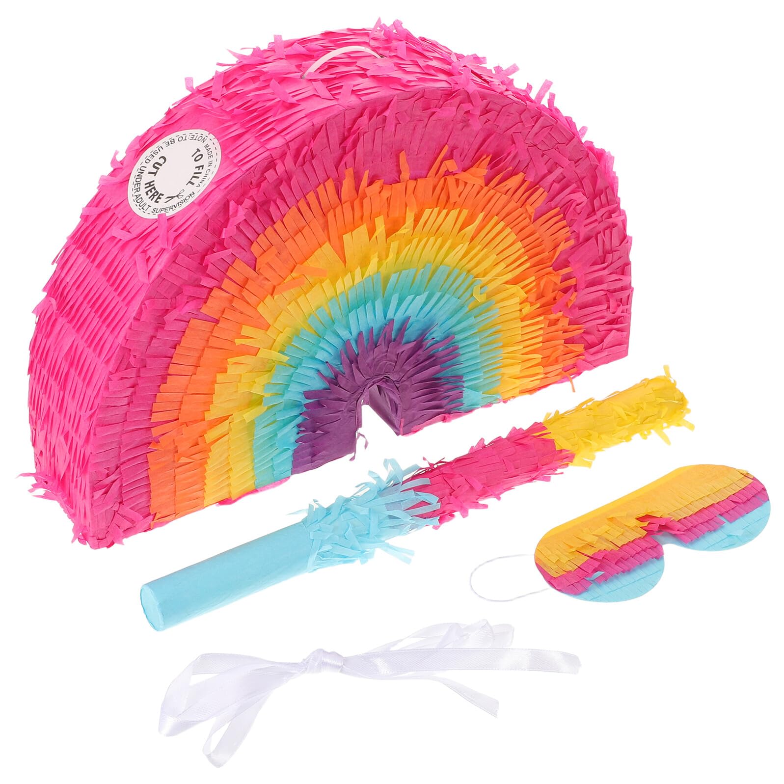 Pinata Arcobaleno a Forma di Torta, Set 1 Pezzo Carta | Bastone e Benda, Capacità 5lbs, per Feste e Carnevale, Stile Boho Dai Colori Vivaci