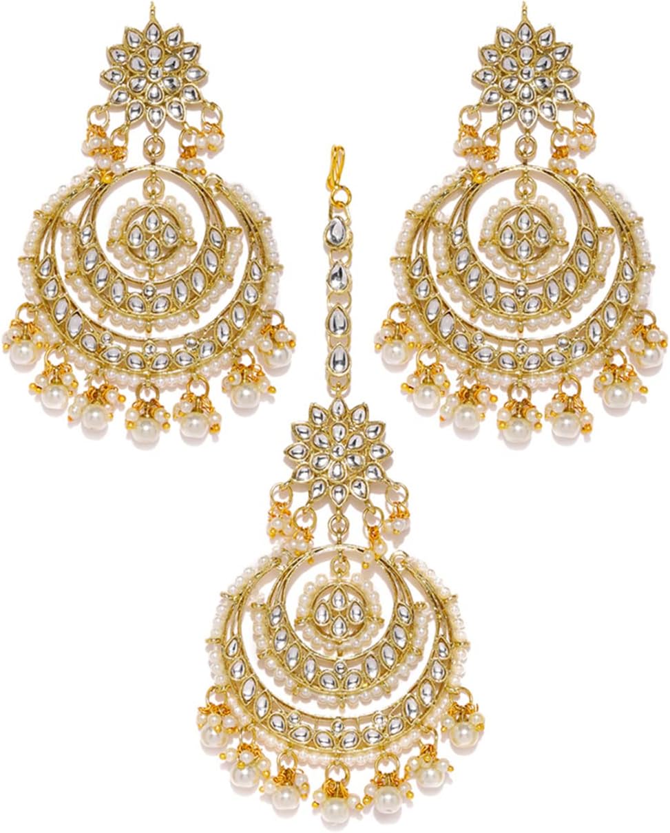 ZAVERI PEARLS 22K Gold Tone Kundan And Pearls Traditional Metal Gold Plated Earring And Maangtikka Set For Women-Zpfk8541