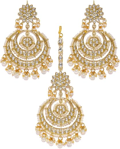 Zaveri Pearls Gold Tone Kundan & Pearls Traditional Earring & Maangtikka Set For Women-ZPFK8541