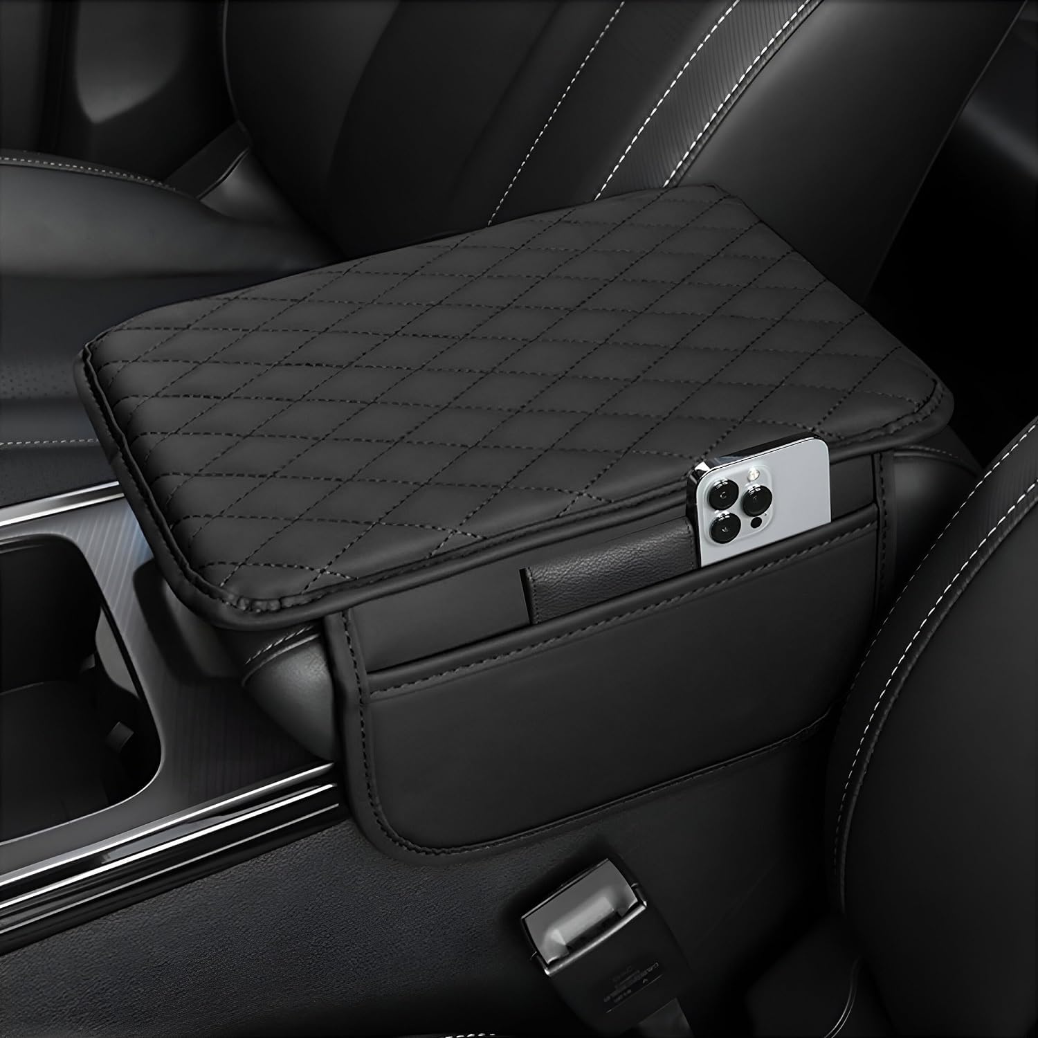 AUTOMASH Car Armrest Cover Cushion Pad with Side Pocket for Thar Facelift 2026 Year Onwards All Models Non-Slip Center Console Armrest Cover Universal Fit for All Cars (Black)-image-2