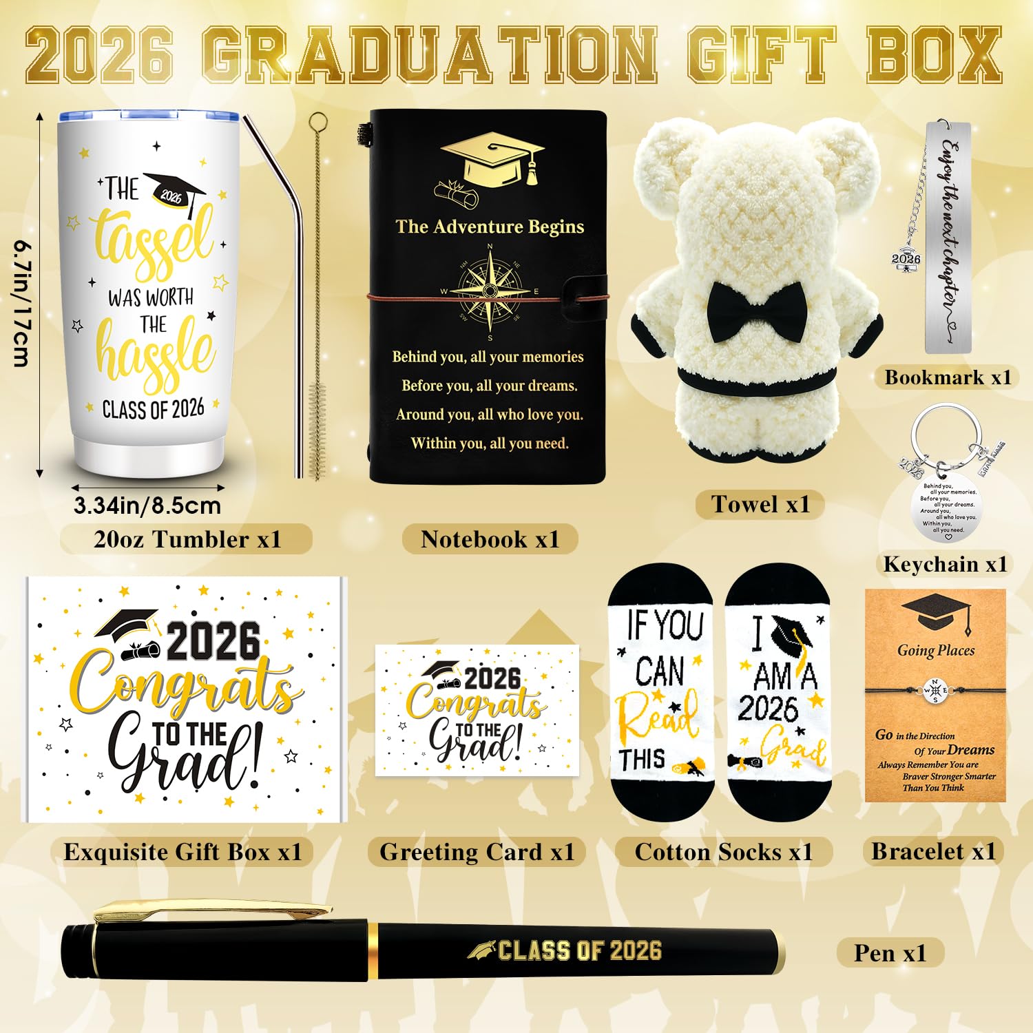 10 Pieces 2026 Graduation Gift Box Set, Class of 2026 Graduation Gift Basket with 20 Oz Tumbler, Socks, Bear Towel, Journal Notebook, Pen, Bookmark, Bracelet, Keychain for High School College Gifts