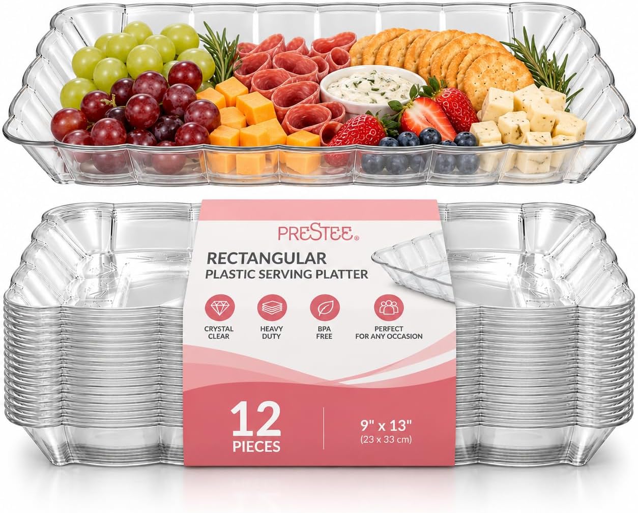 Prestee 12-Pack Serving Tray - 9x13 Inches Disposable Rectangular Plastic Food Tray for Parties and Events - Clear Platters for Dessert Table Displays, Appetizers, Snacks, and More