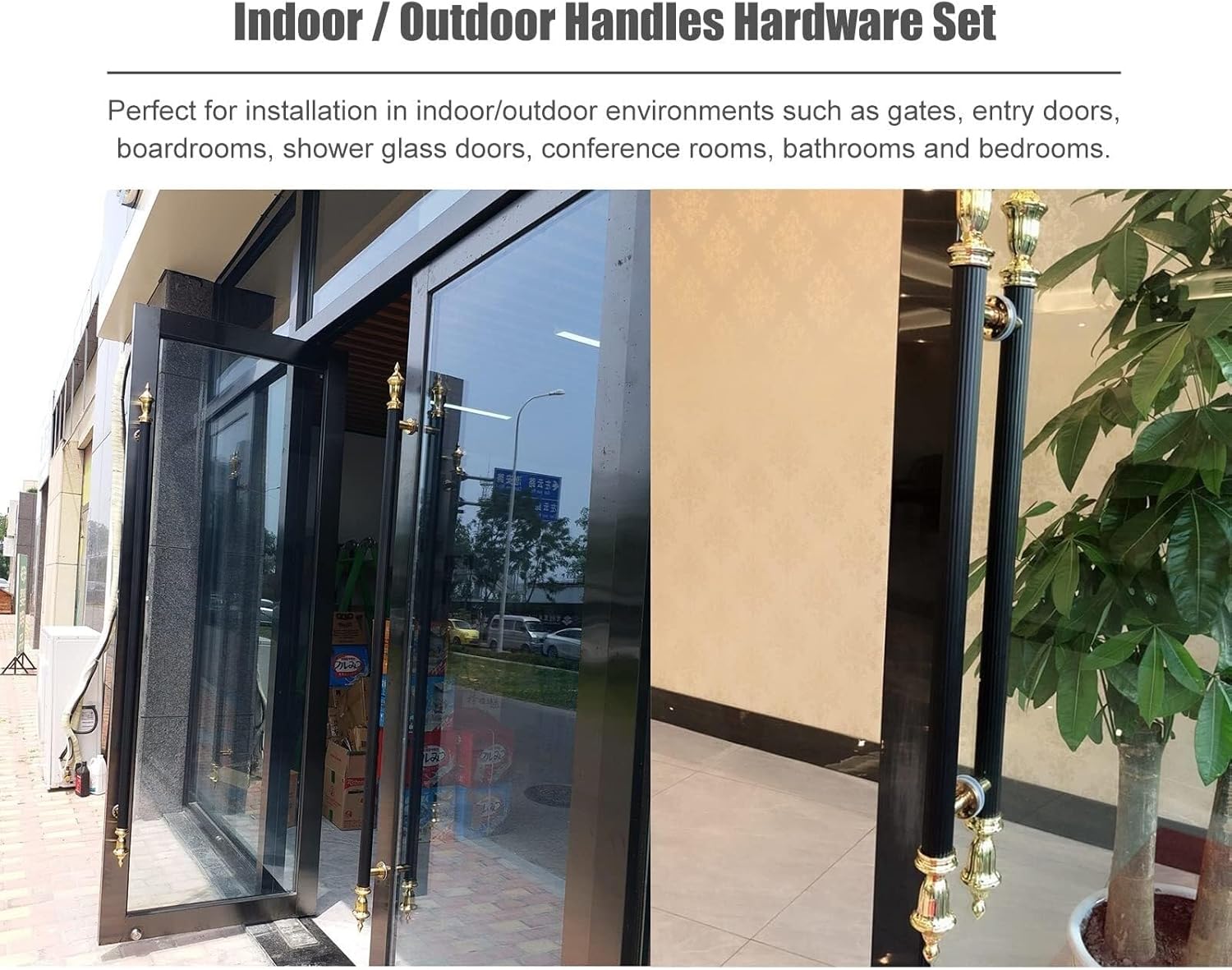 Commercial Large Door Handle Black and Gold,Round Pole Bar Handles with Retro Style Ends,Push Pull Door Handle for Shopping Mall/Building Entry Gate