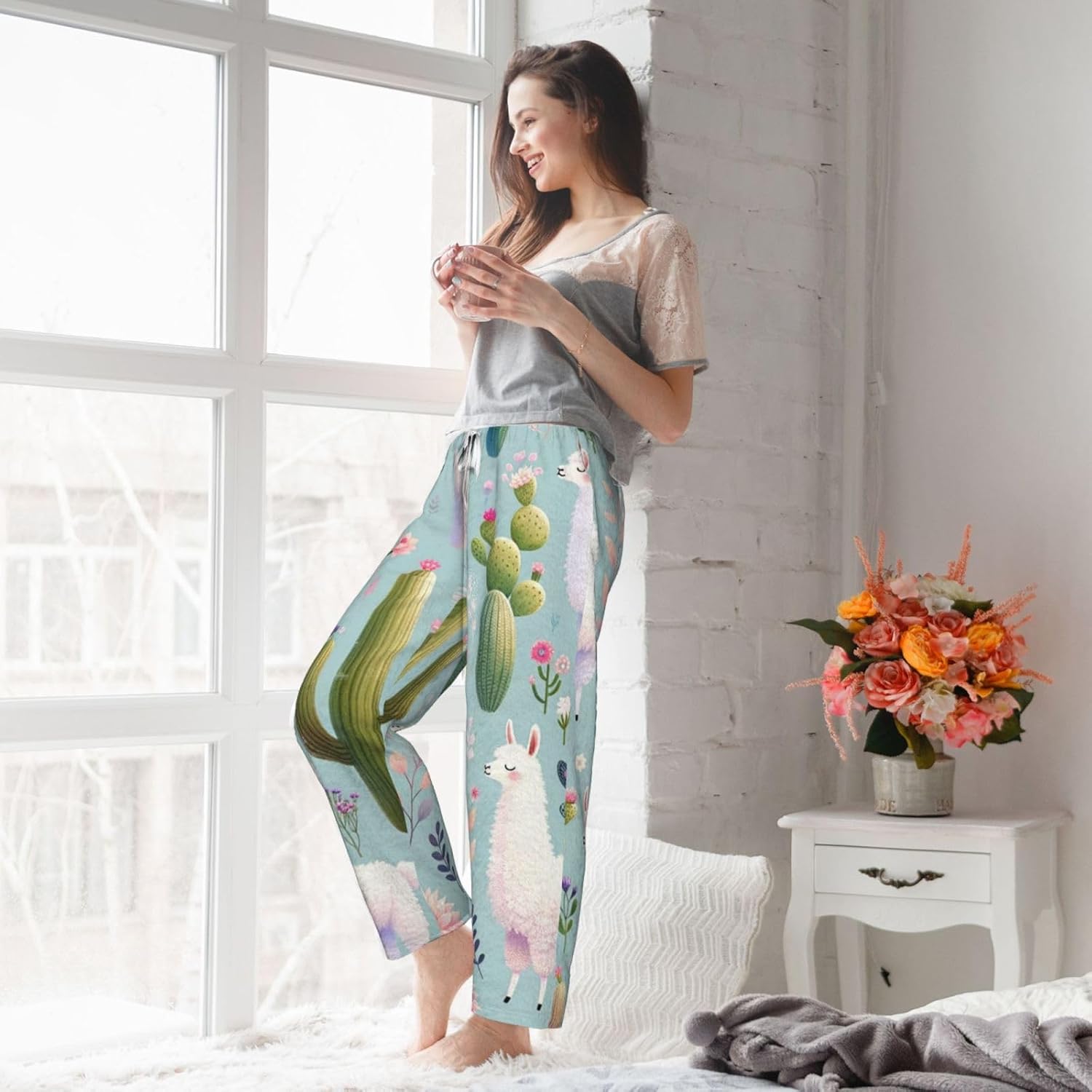 Women'S Cute-Llama-Cactus Fleece Pajama Pants, Cozy Flannel Lounge Bottoms For Women